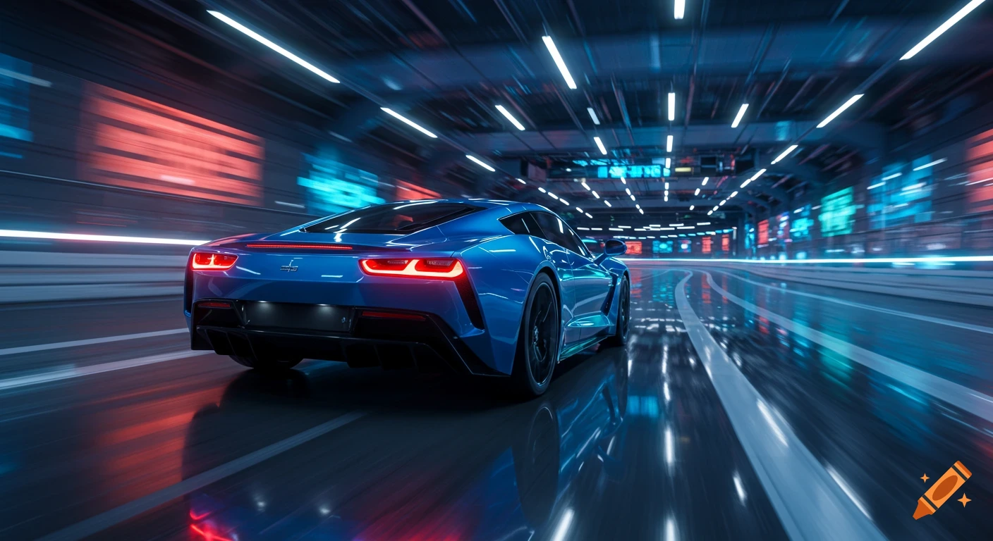 A blue futuristic car speeding through a neon-lit tunnel, with motion blur effects. Photorealistic style.