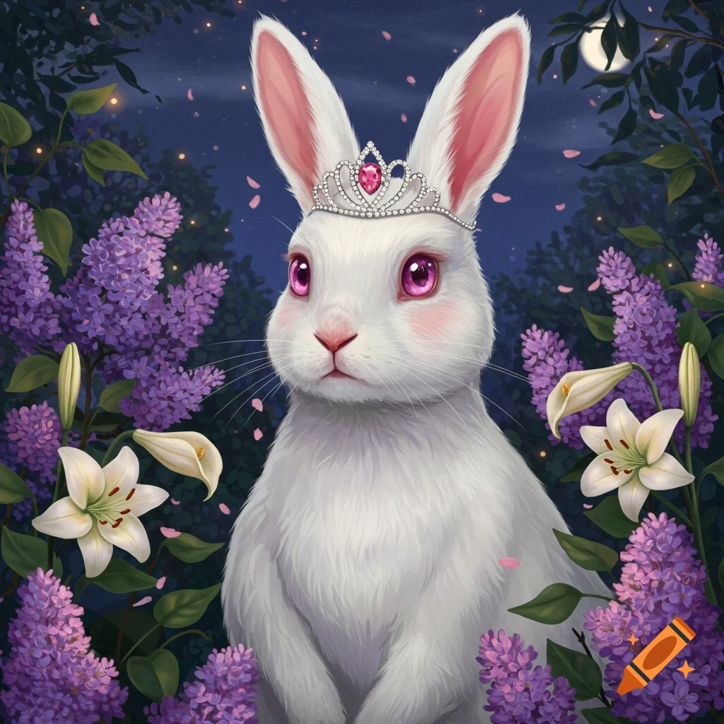 A white rabbit with pink eyes wearing a silver tiara sits among purple lilac flowers and white lilies at night.
