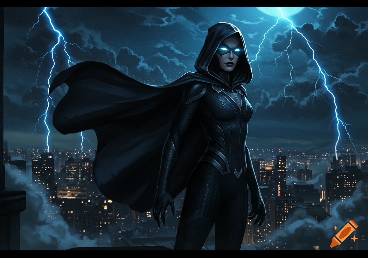 A female superhero in a dark suit with glowing eyes stands on a rooftop overlooking a stormy city at night with lightning.