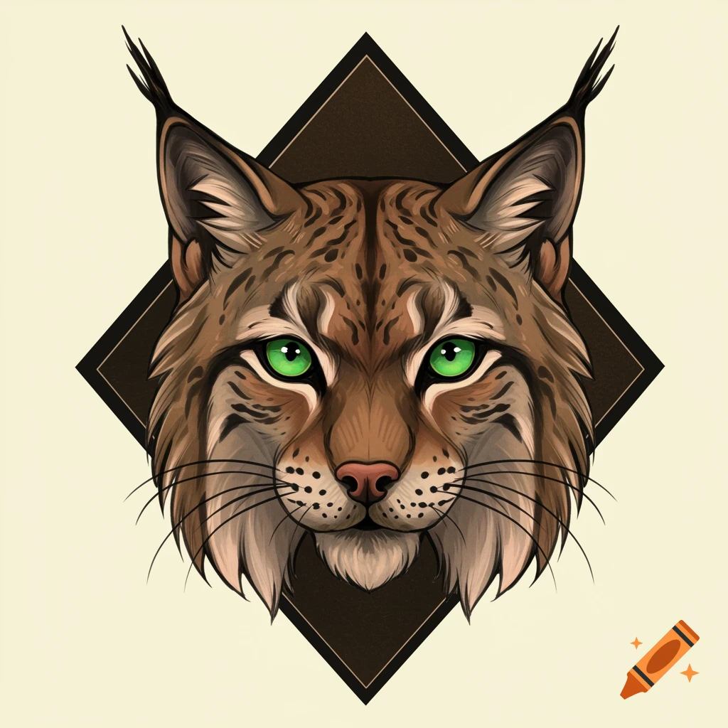 A symmetrical illustration of a lynx head with bright green eyes, featuring bold lines in a neo-traditional tattoo style within a dark diamond shape.