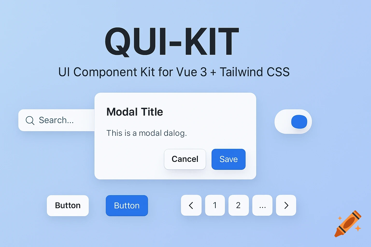 Modern UI component kit design featuring a modal, search bar, buttons, and pagination on a soft blue background.