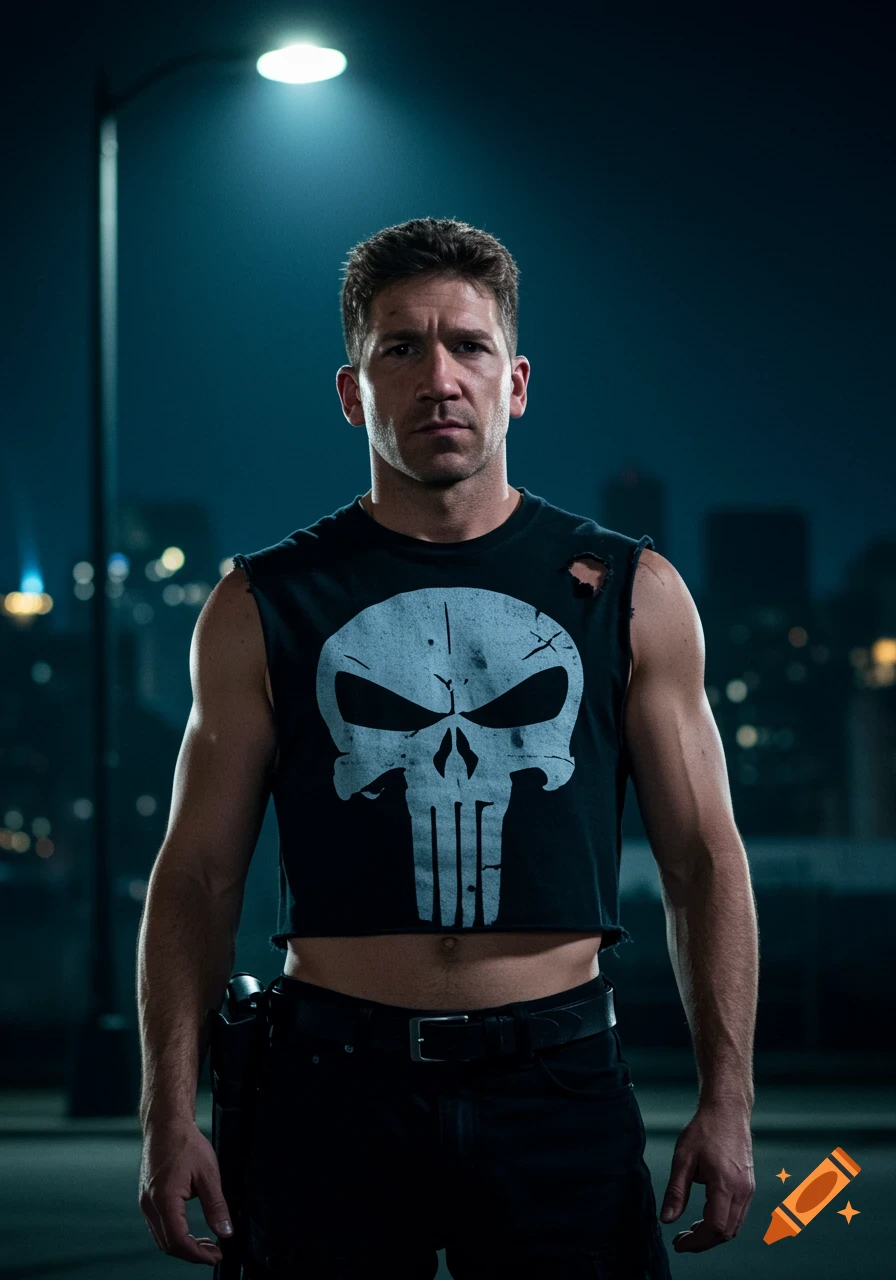 Muscular man in a ripped black Punisher crop top stands under a streetlight at night with a serious expression.