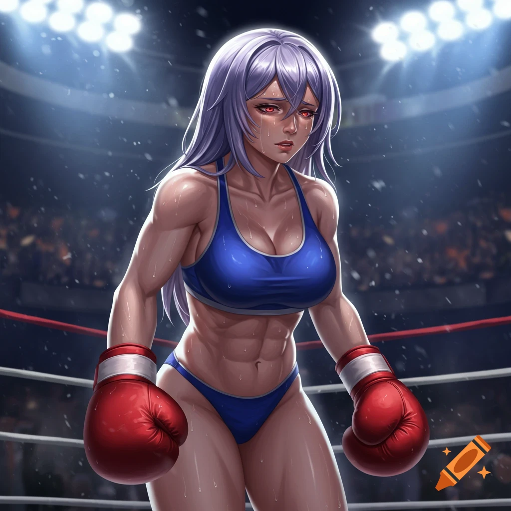 Anime-style muscular woman in a blue sports bra and bikini, wearing red boxing gloves, sweating and looking pained in a boxing ring.
