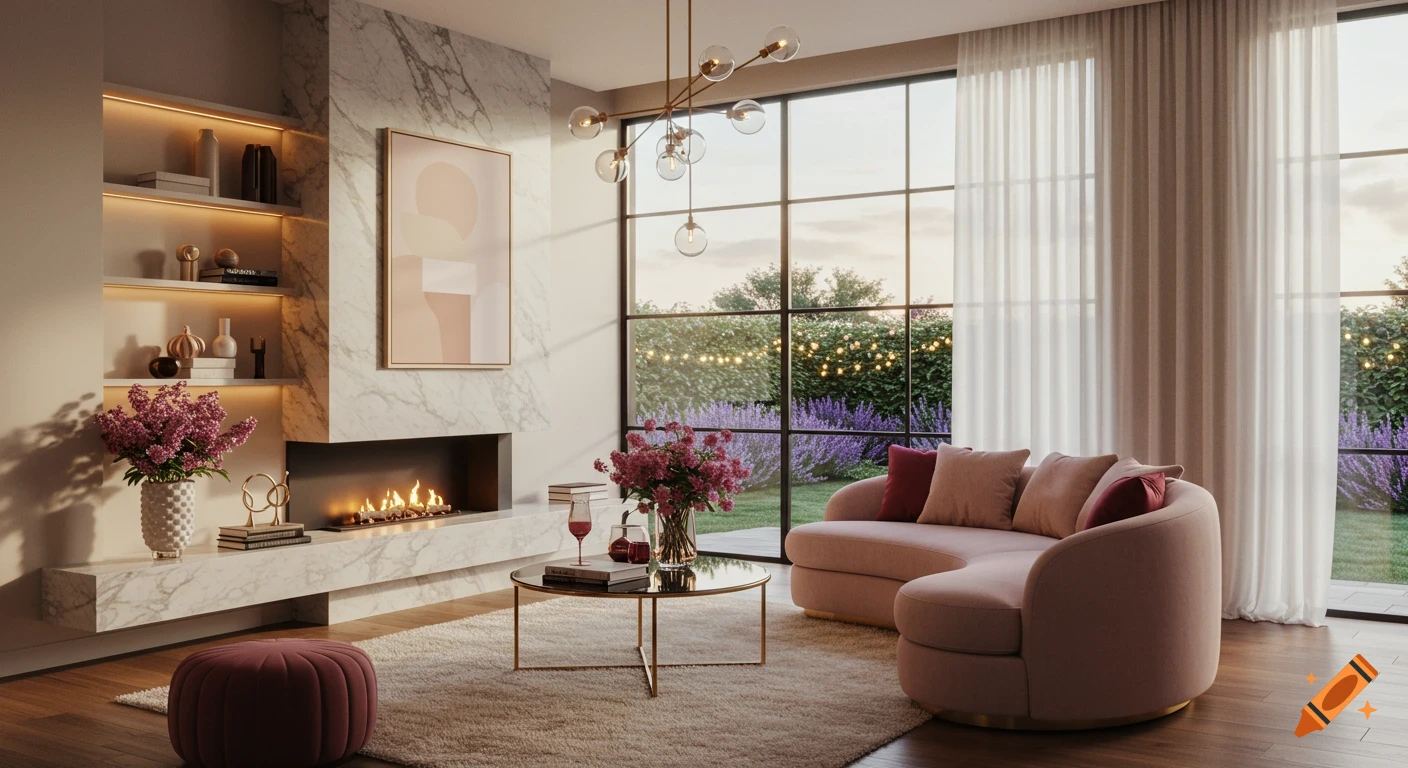 A stylish modern living room with a pink velvet sofa, marble fireplace, and large window overlooking a garden with lavender and fairy lights.