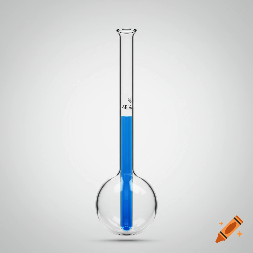 A clear glass flask partially filled with blue liquid, displaying "48%" on its side, against a plain white background.