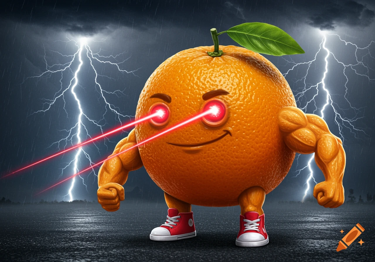 A muscular orange with glowing red laser eyes stands heroically in the rain under a stormy sky with lightning, wearing red sneakers.