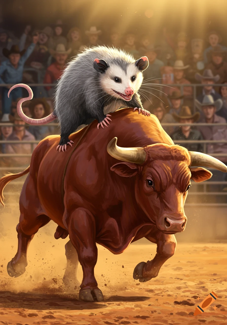 A fluffy grey opossum rides a charging brown bull in a rodeo arena, with a blurred crowd in the background.