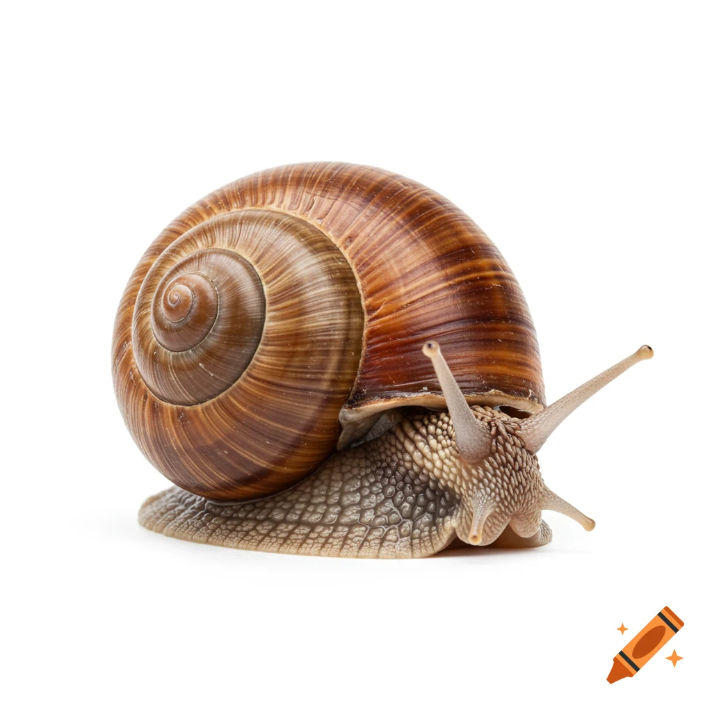 Photorealistic image of a garden snail with a spiral brown shell, isolated on a white background.
