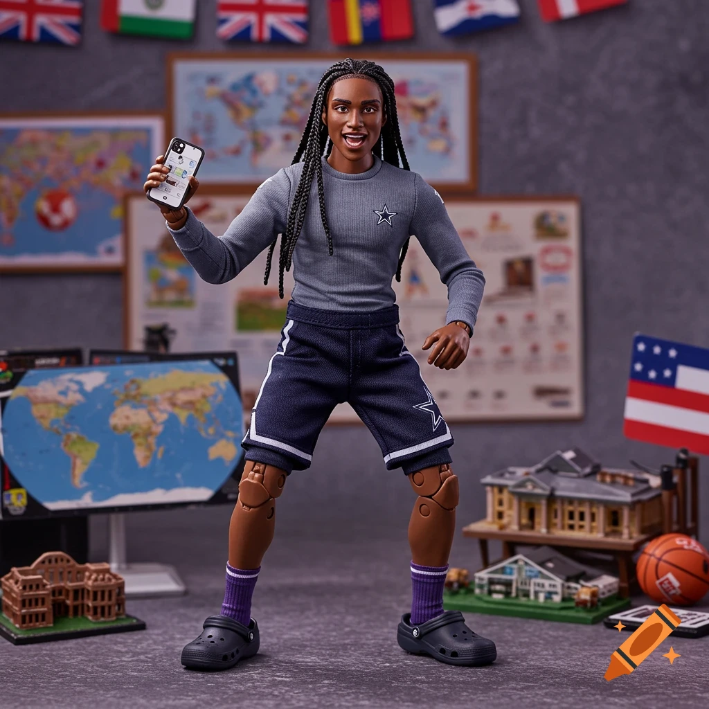 Photorealistic action figure of a person with braided hair, wearing a gray shirt, dark shorts, purple socks, and black Crocs, holding a smartphone.