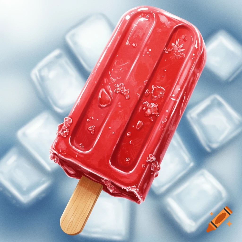 A vibrant red popsicle on a wooden stick, covered in water droplets and ice crystals, surrounded by blurry ice cubes.