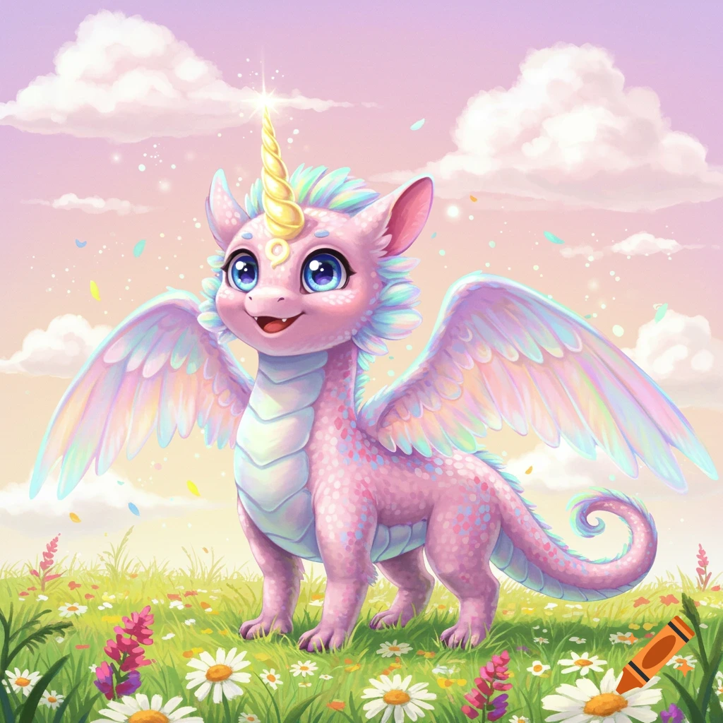 A cute, pink, winged unicorn dragon with big blue eyes stands in a field of white and pink flowers under a pastel sky.