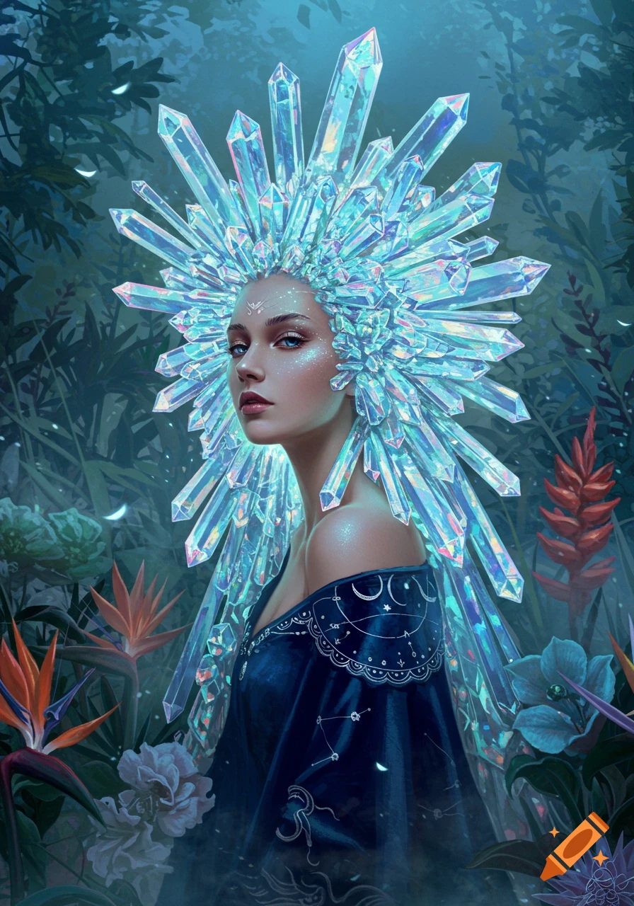 A beautiful woman with an elaborate headdress of glowing, iridescent crystals stands in a lush, dark jungle. Her blue eyes meet the viewer's gaze.