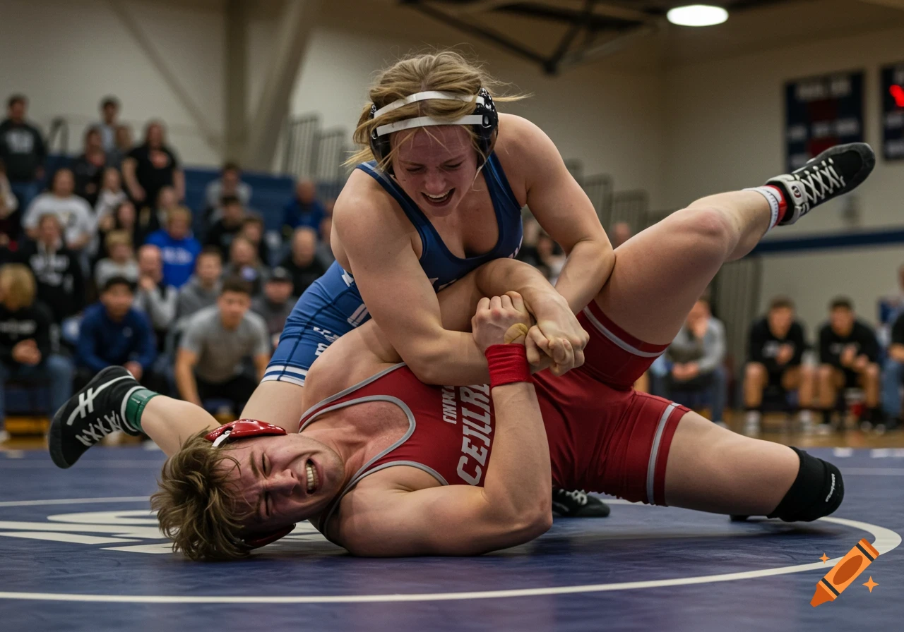 A female wrestler in a blue singlet pins a male wrestler in a red singlet during a match on a blue mat.
