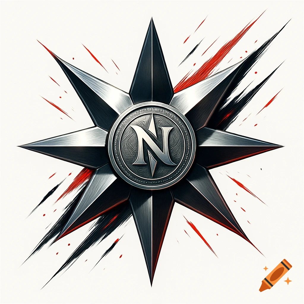 A seven-pointed metallic star with a silver 'N' on a central medallion, surrounded by red and black streaks.