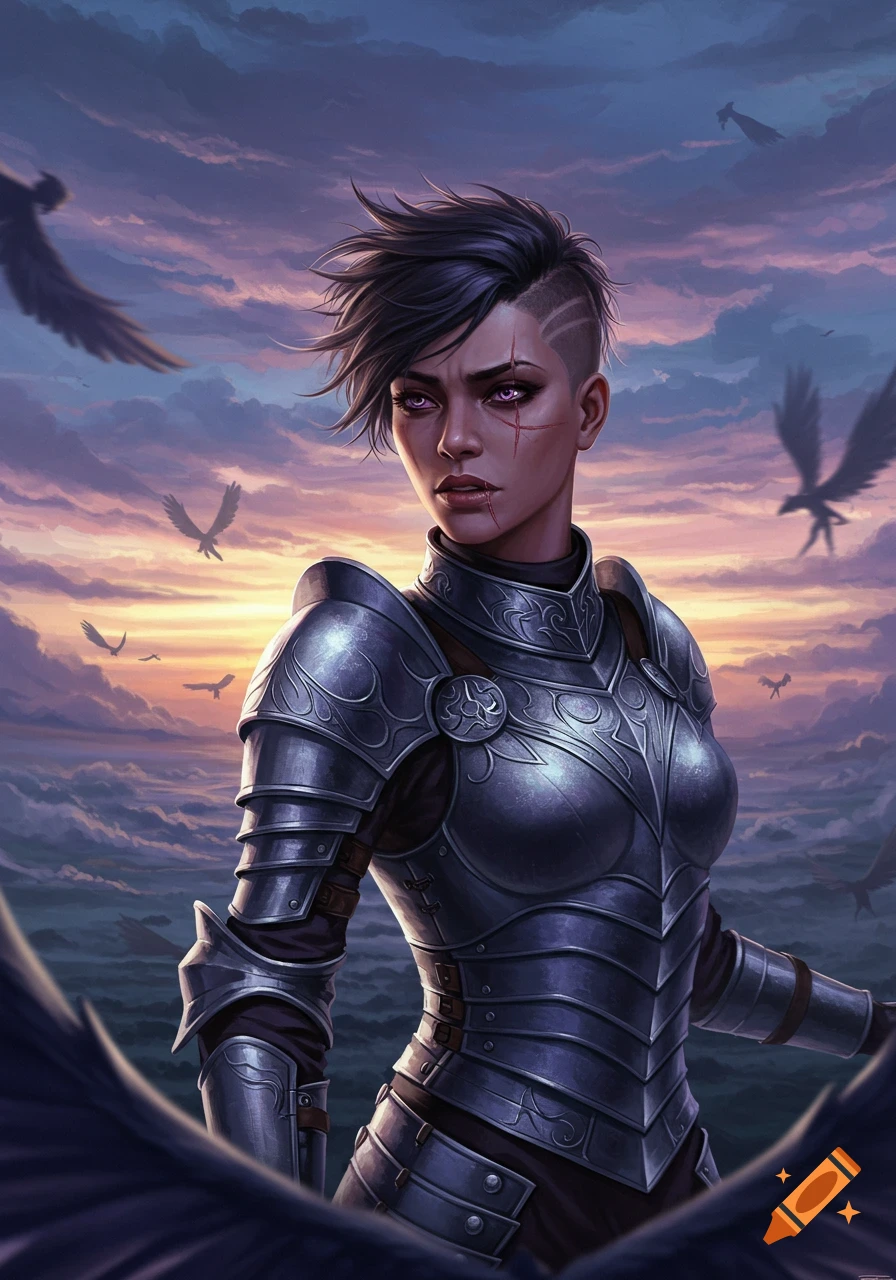 A dark-skinned female warrior in ornate dark metal armor with a shaved haircut and facial scar stands against a purple and orange sunset sky with flying creatures.