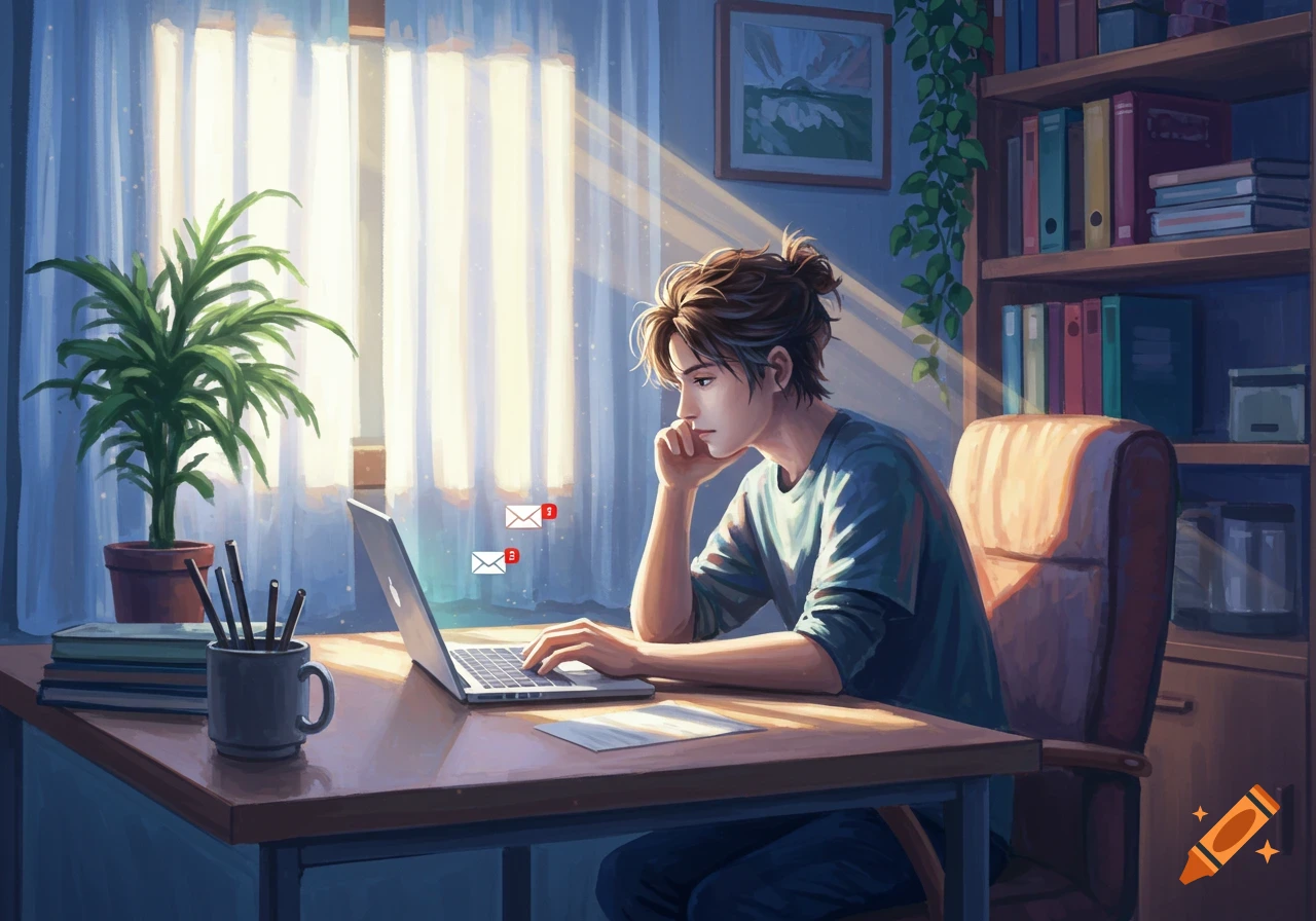 An anime-style illustration of a person working on a laptop in a sunlit room.