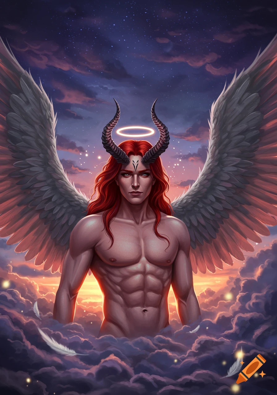 A handsome male angel with long red hair, large grey wings, and demon horns instead of a halo, emerging from dark clouds against a starry twilight sky.