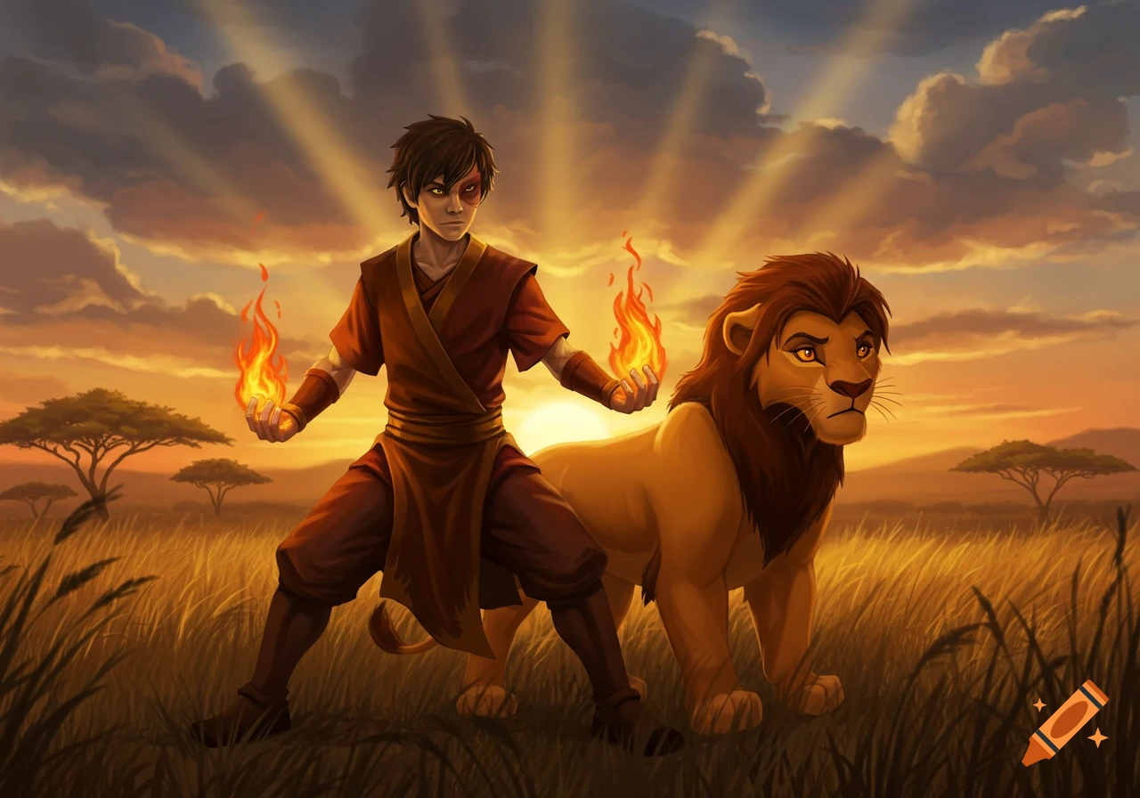 Zuko firebending next to a lion resembling Kovu in a savanna at sunset, digital art.