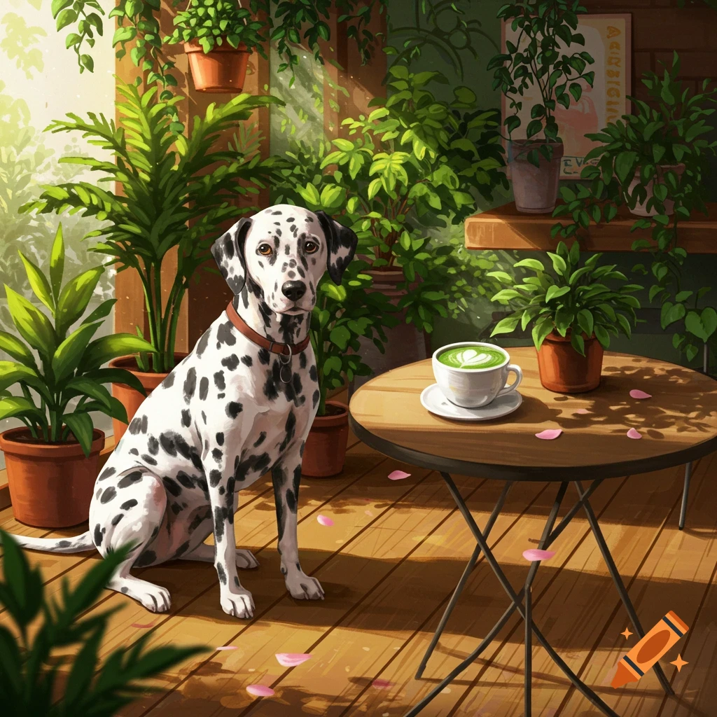 A black and white Dalmatian dog sits on a wooden floor in a sunlit, plant-filled cafe next to a table with a cup of matcha.