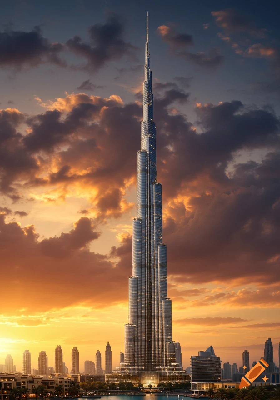 The Burj Khalifa stands tall against a dramatic sunset sky with golden clouds over the Dubai skyline.