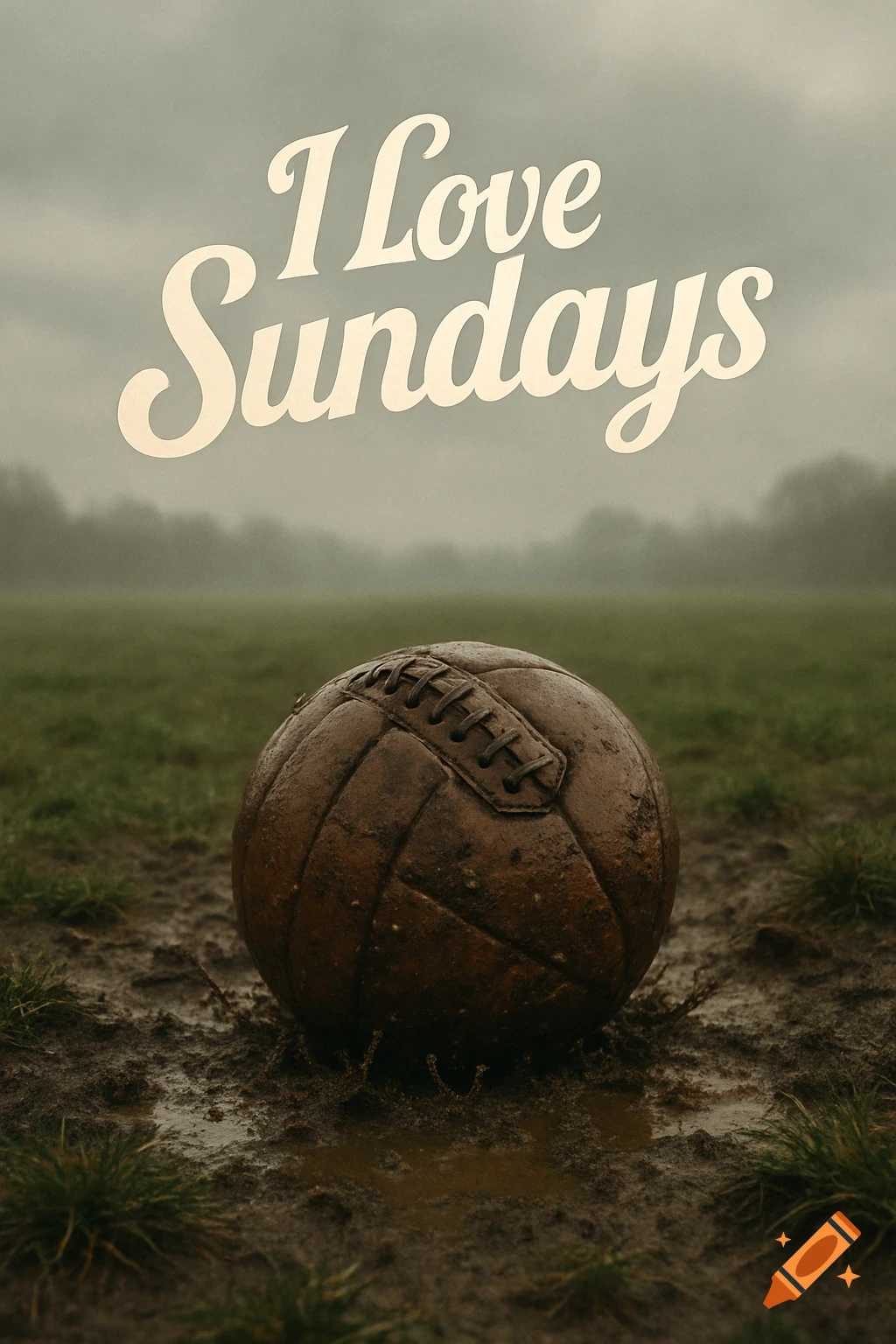A vintage football rests in mud on a grassy field under a cloudy sky, with the words "I Love Sundays" above it.