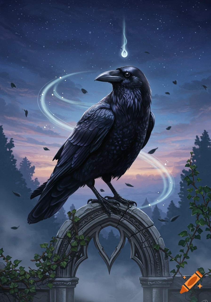 A stylized black raven perches on a weathered stone archway under a starry night sky, illuminated by glowing magical elements.
