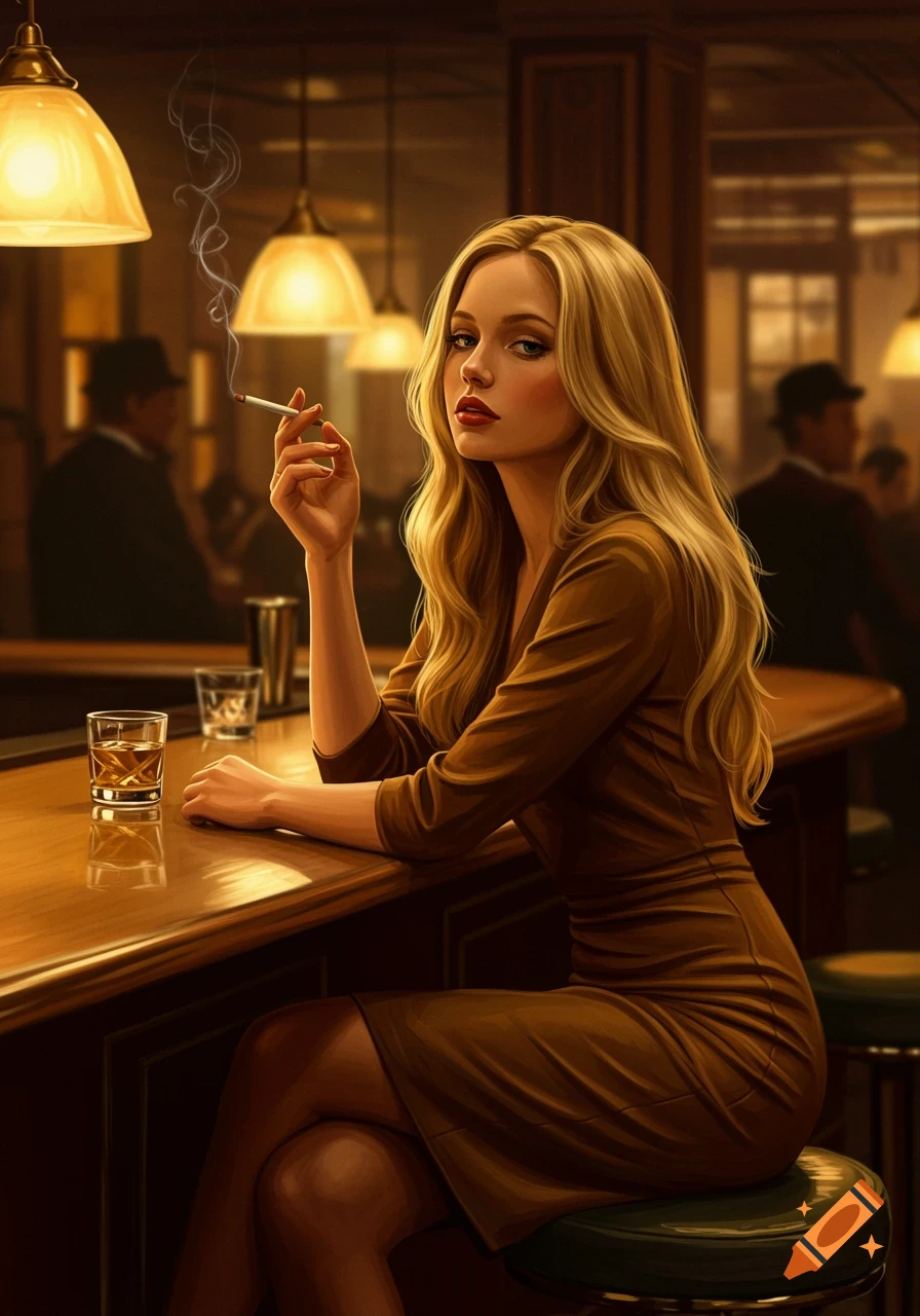 Blonde woman in brown dress sitting at a bar with a cigarette and a drink, digital art.