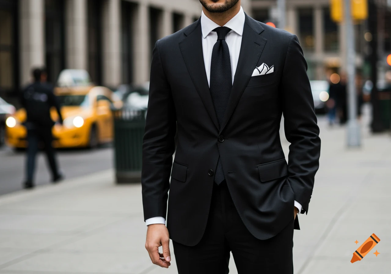 A well-dressed man in a black suit and tie stands on a city sidewalk with blurred yellow taxis in the background.