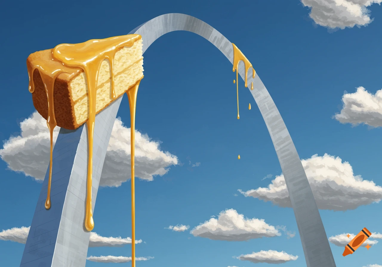 A surreal image of a large butter cake with golden caramel sauce dripping from the St. Louis Arch against a blue sky with clouds.