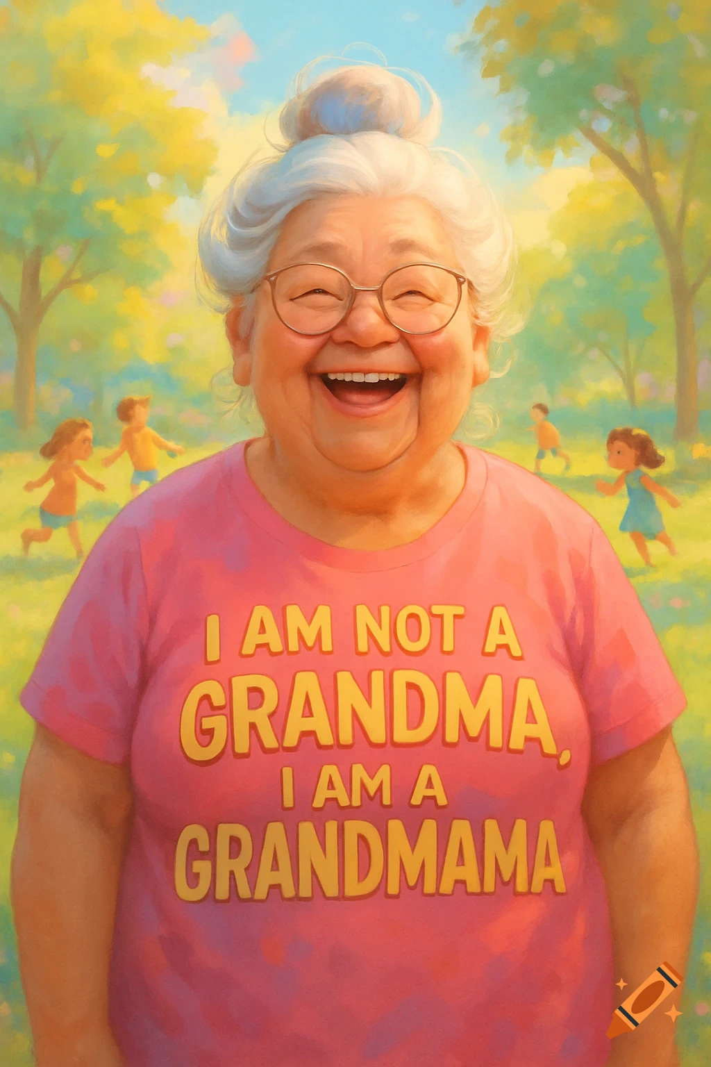 A laughing elderly woman in a pink t-shirt with 'I AM NOT A GRANDMA, I AM A GRANDMAMA' printed on it, in a sunny park.
