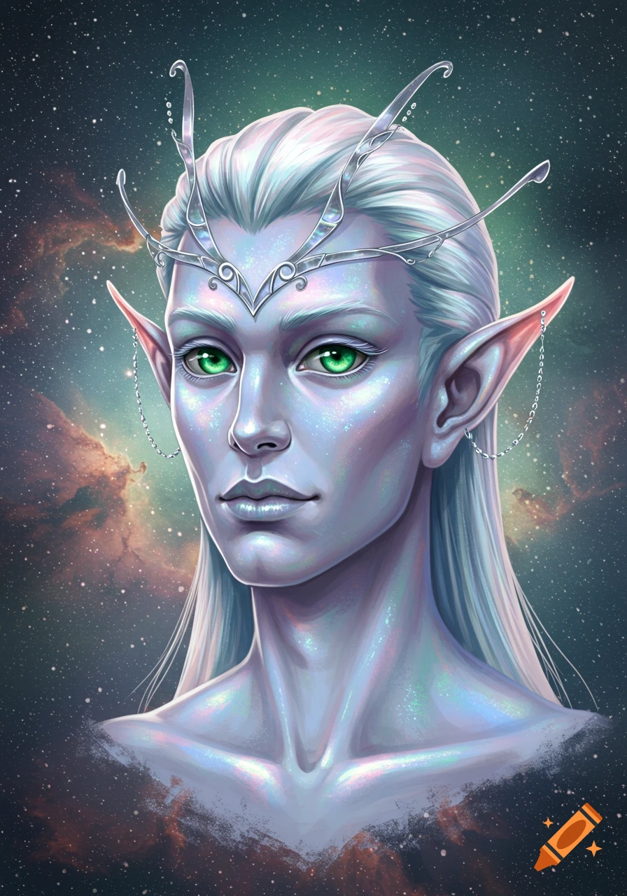 Portrait of an elf with glowing green eyes, silvery skin, white hair, and a metal headpiece, set against a starry cosmic background.
