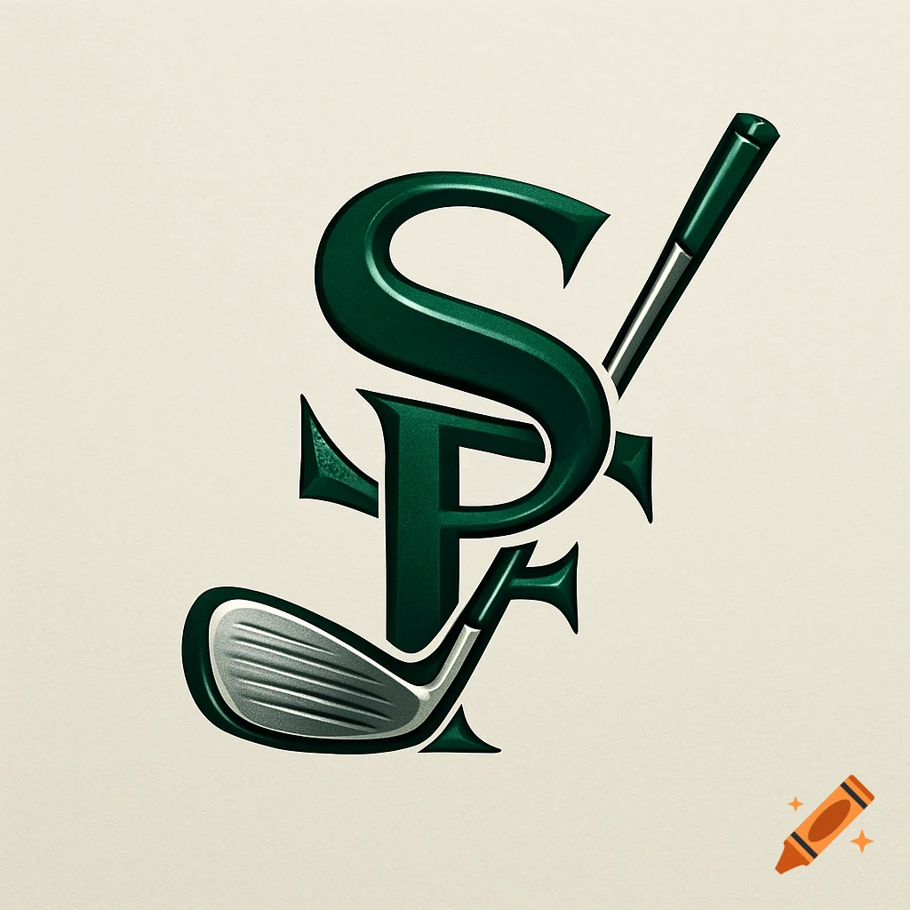 A dark green metallic logo featuring an intertwined 'S' and 'F' with a golf club.
