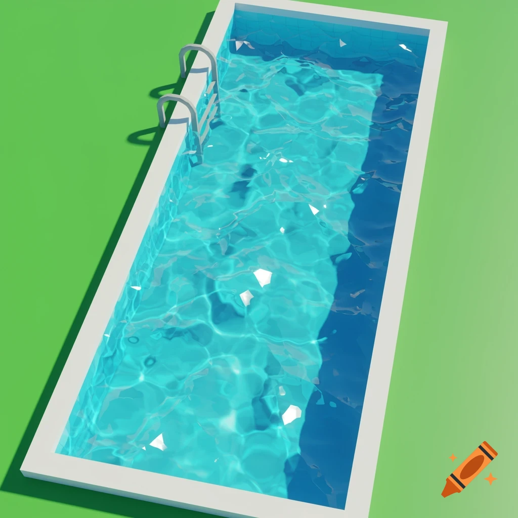 A low-poly swimming pool with clear blue water and a ladder on a bright green ground.