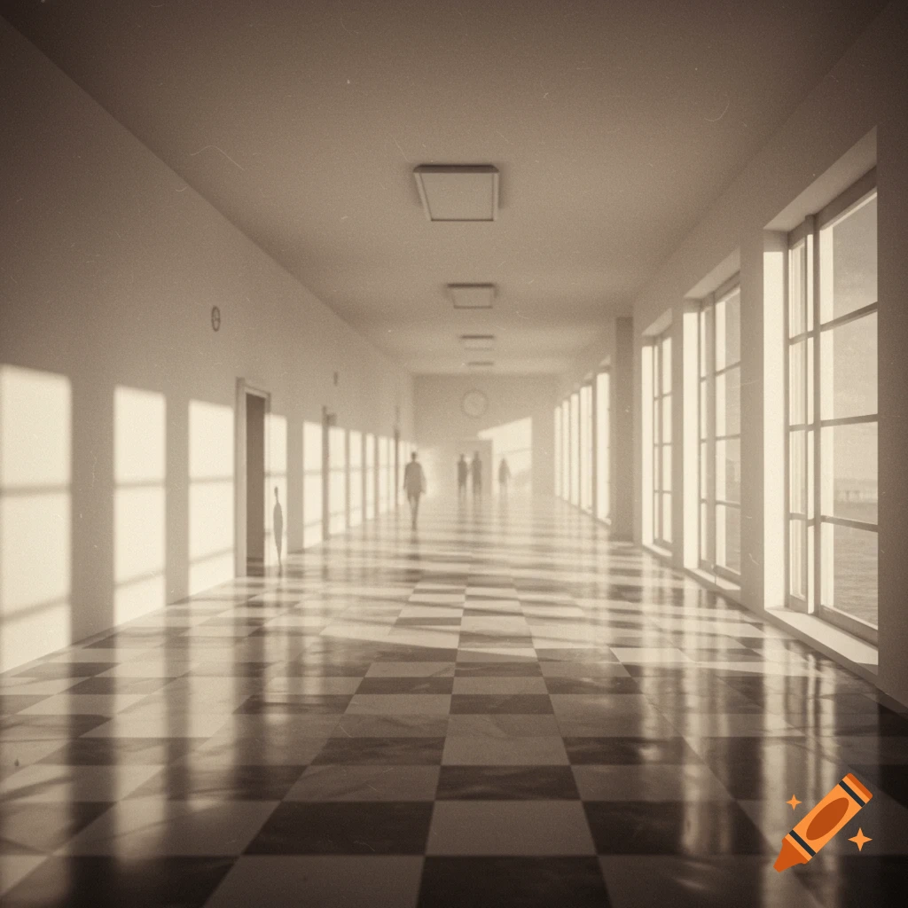 A long, sepia-toned corridor with a checkered floor and bright sunlight streaming through windows, casting long shadows. Figures walk into the distance.