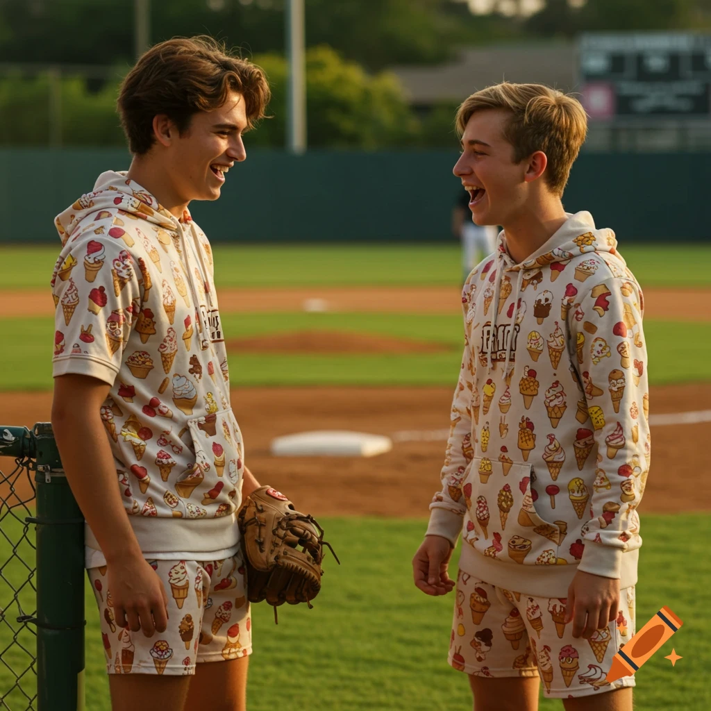 Two teenage boys with ice cream patterned hoodies and shorts laugh on a baseball field in a photorealistic style.