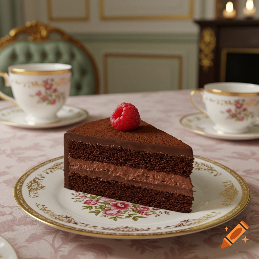 Photorealistic slice of chocolate cake with a raspberry on an ornate plate, teacups in background.