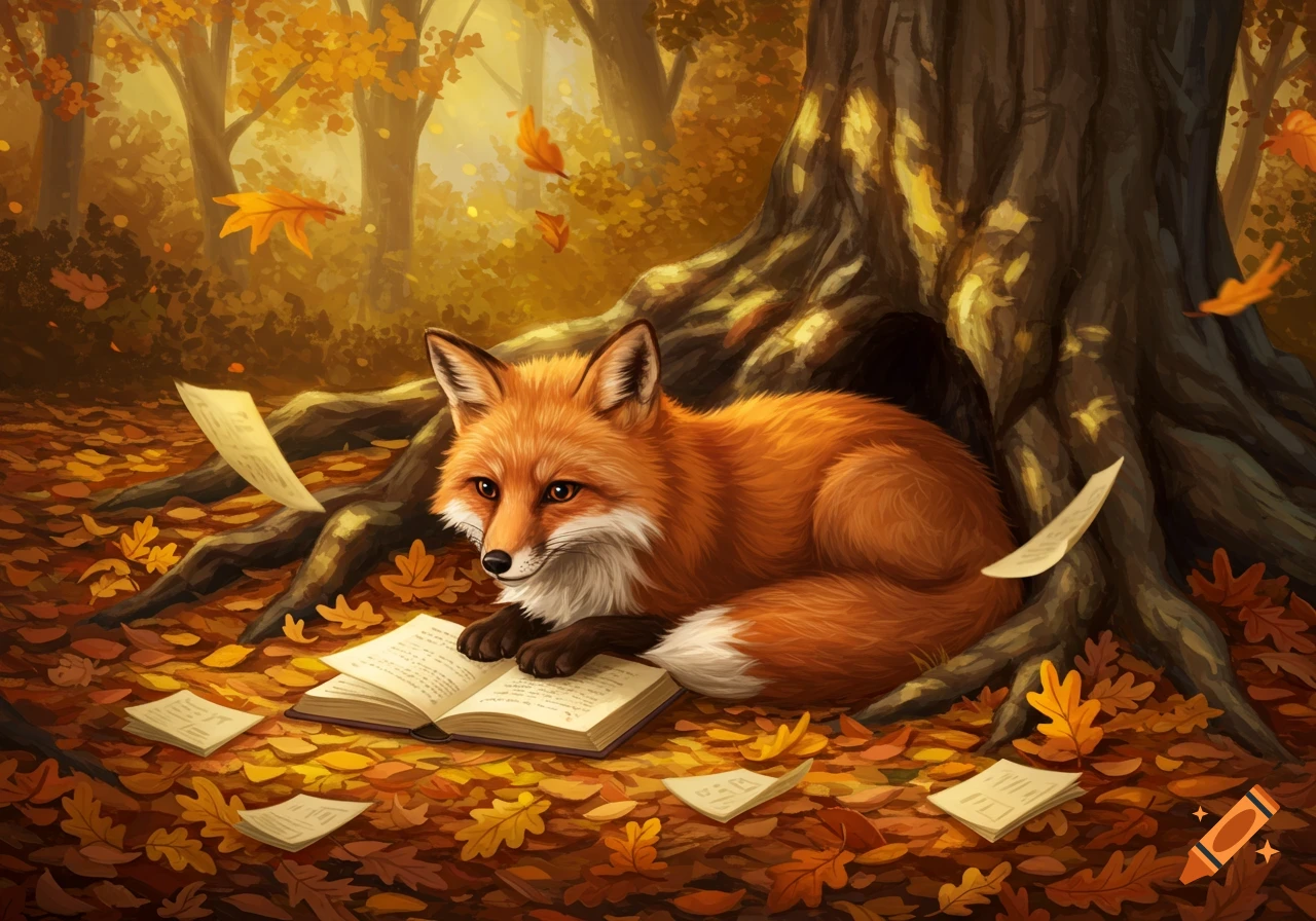 A red fox lies under a tree in an autumn forest, reading a book, with leaves scattered around, in an illustrative style.