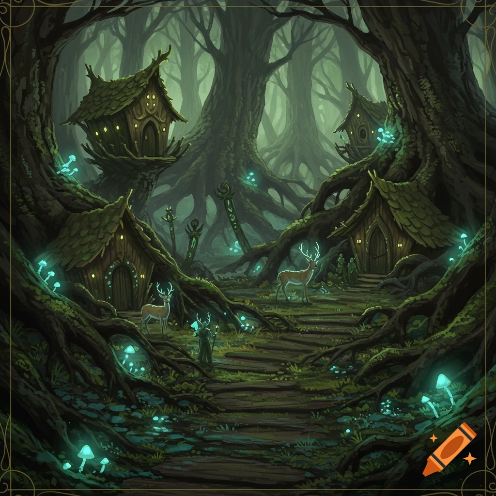 A dark fantasy forest scene with elven homes built into massive tree roots, illuminated by glowing blue mushrooms. Deer and a cloaked figure stand on a path.