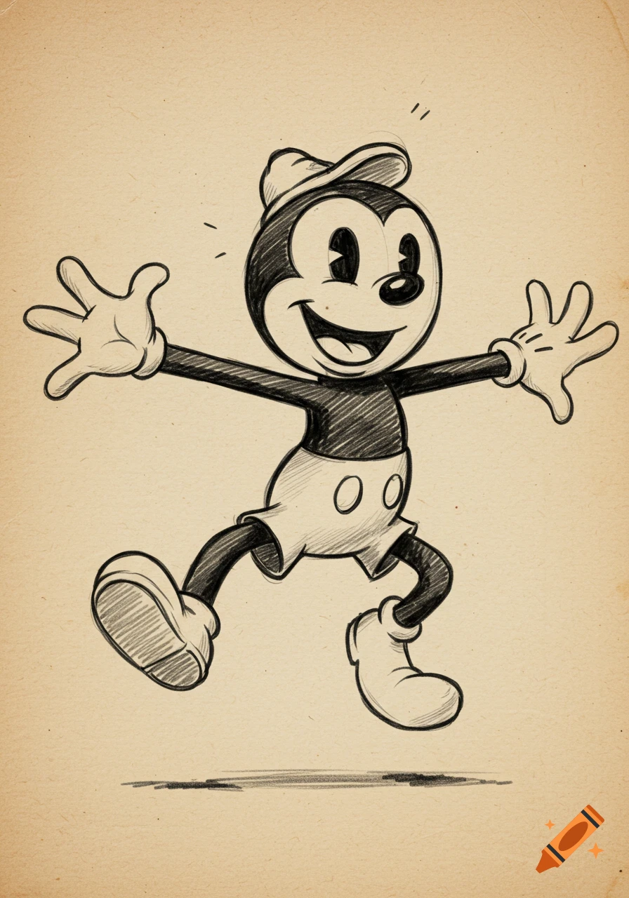 Hand-drawn sketch of a smiling, jumping rubberhose cartoon character on textured paper.