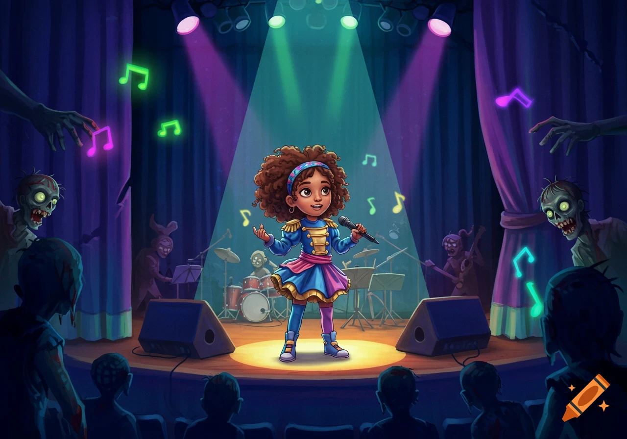 A young girl sings on a brightly lit stage, surrounded by floating musical notes, while cartoon zombies watch from the audience and behind the curtains.