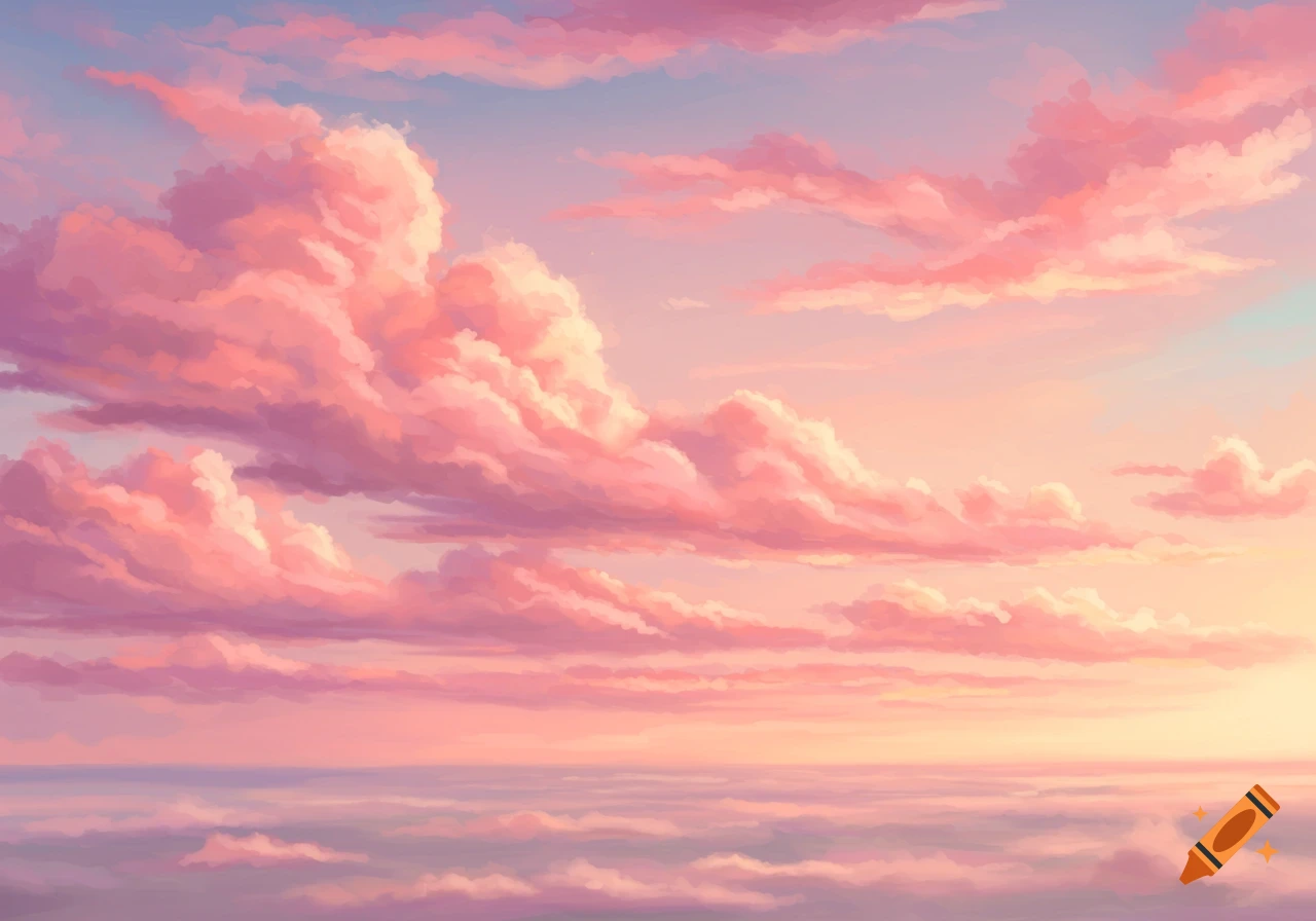 A vibrant sky filled with large, fluffy pink clouds at sunset, with soft light illuminating them.
