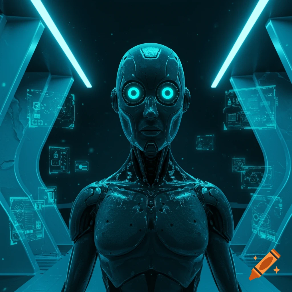 A humanoid robot with glowing cyan eyes stands in a dark, futuristic room with neon lights and holographic displays.