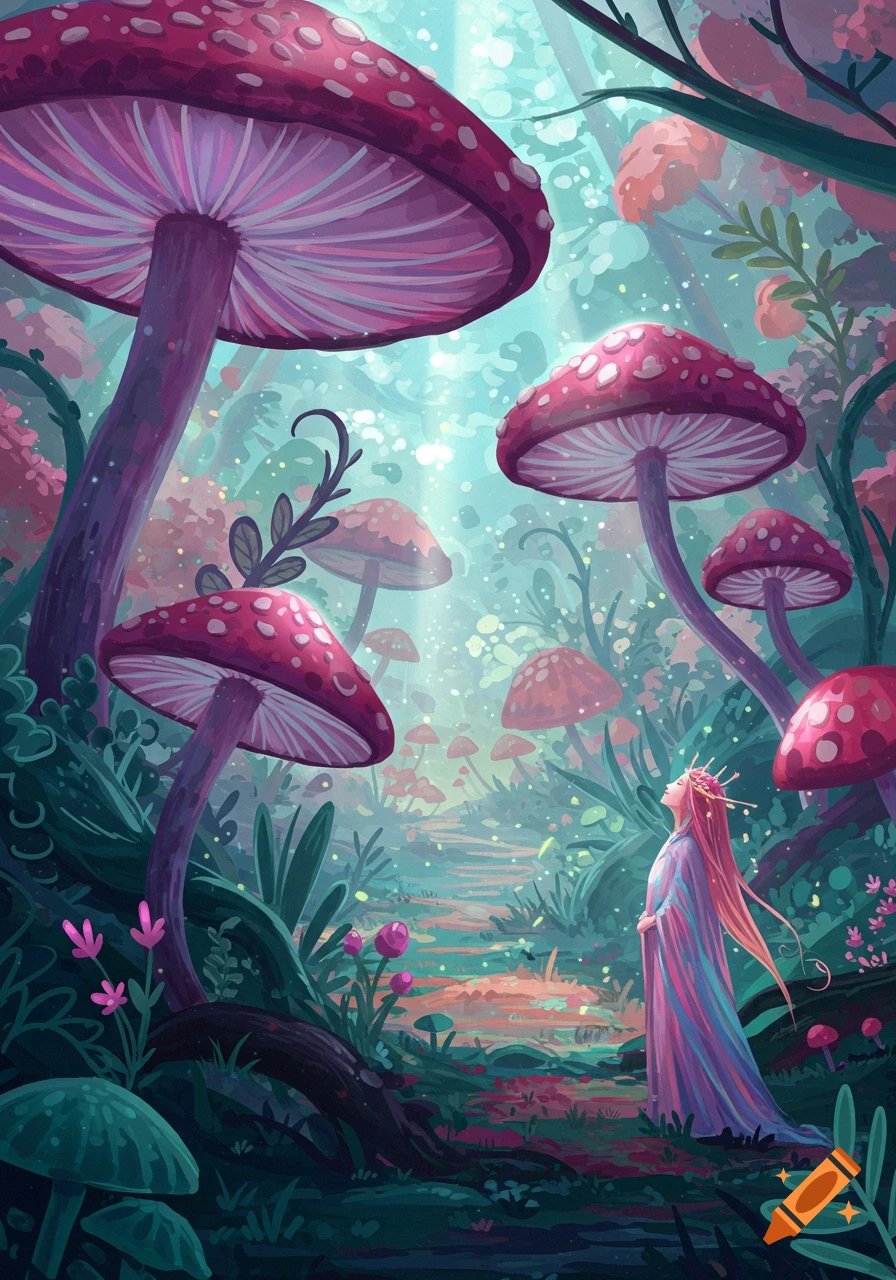 A mystical scene features a figure in a flowing gown looking up amidst giant, vibrant pink and purple mushrooms, with light filtering through the misty forest.