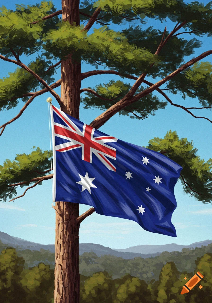 An Australian flag flying from a tall pine tree against a clear blue sky, with forested hills in the background.