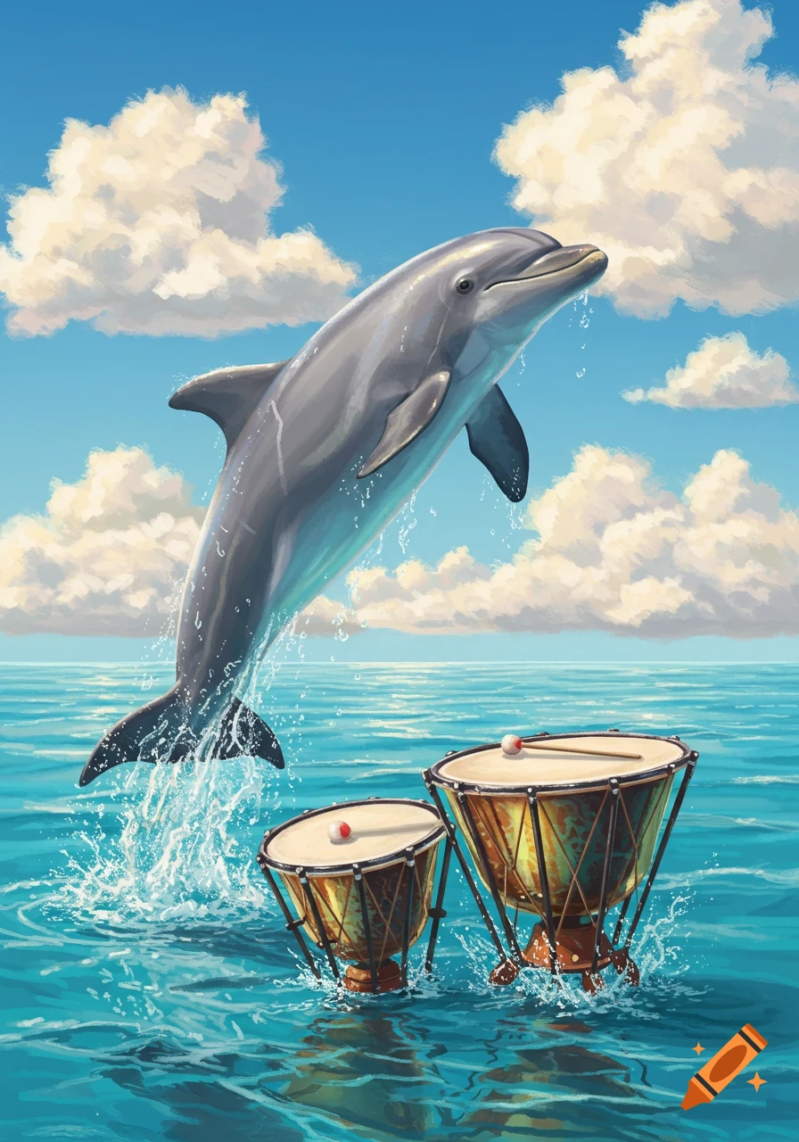 A dolphin leaps out of the ocean next to two floating timpani drums under a blue sky with clouds.