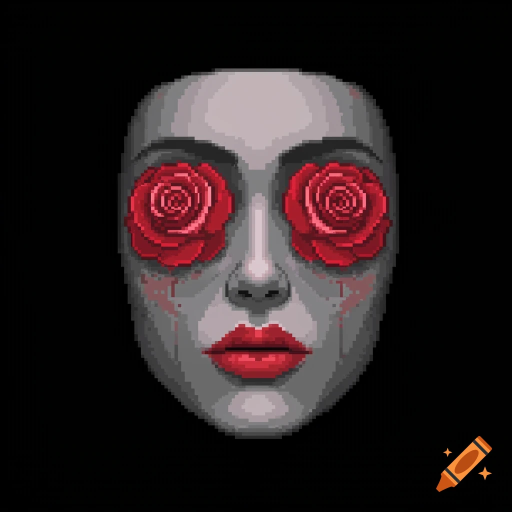 A pixel art depiction of a face with red roses as eyes and red drips below them, on a black background.