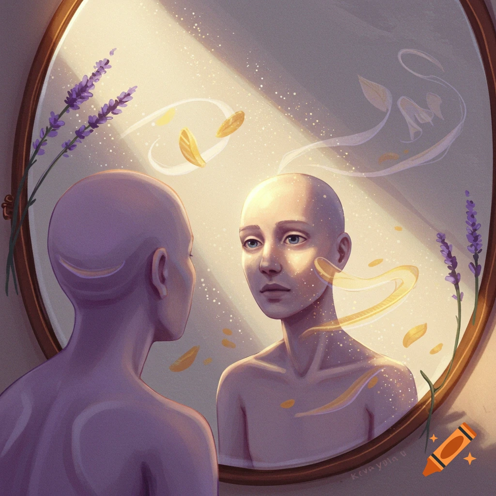 An artistic illustration of a bald person looking into a mirror, surrounded by light, lavender, and ethereal floating elements.