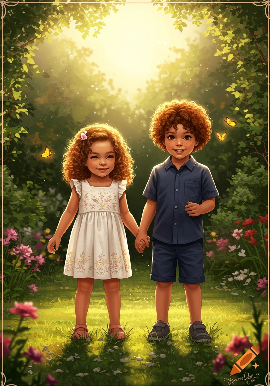 An illustration of a young boy and girl with curly hair holding hands in a sun-dappled forest clearing with flowers and butterflies.