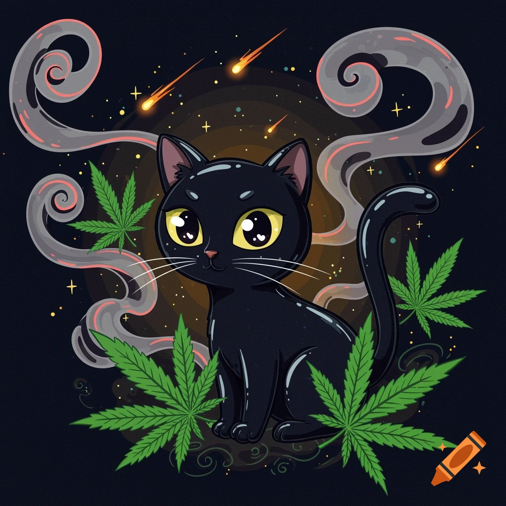 Cartoon black cat with large yellow eyes surrounded by green cannabis leaves and smoky swirls under a starry night sky with shooting stars.