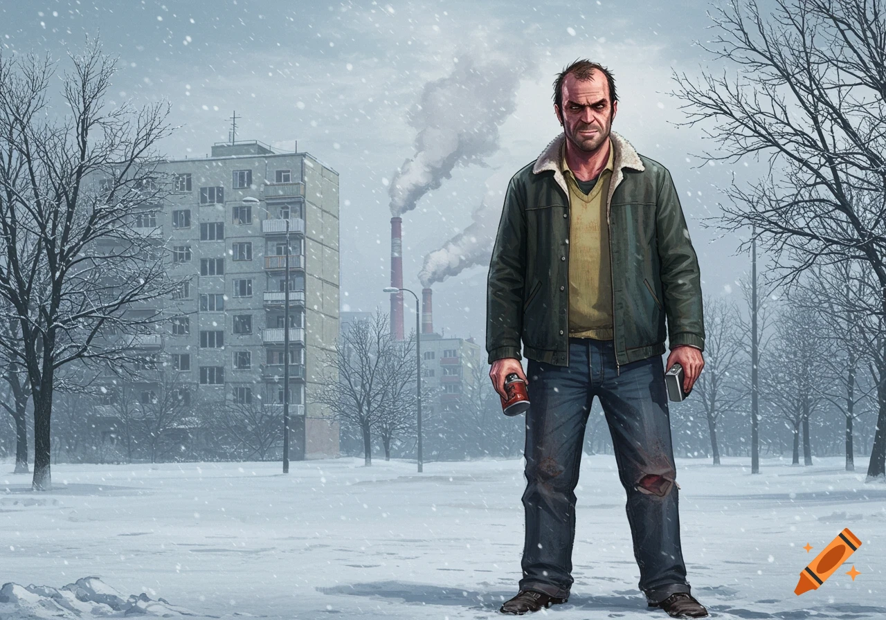 A rugged man resembling Trevor from GTA 5 stands in a snowy, desolate urban landscape with industrial smokestacks in an illustrated style.
